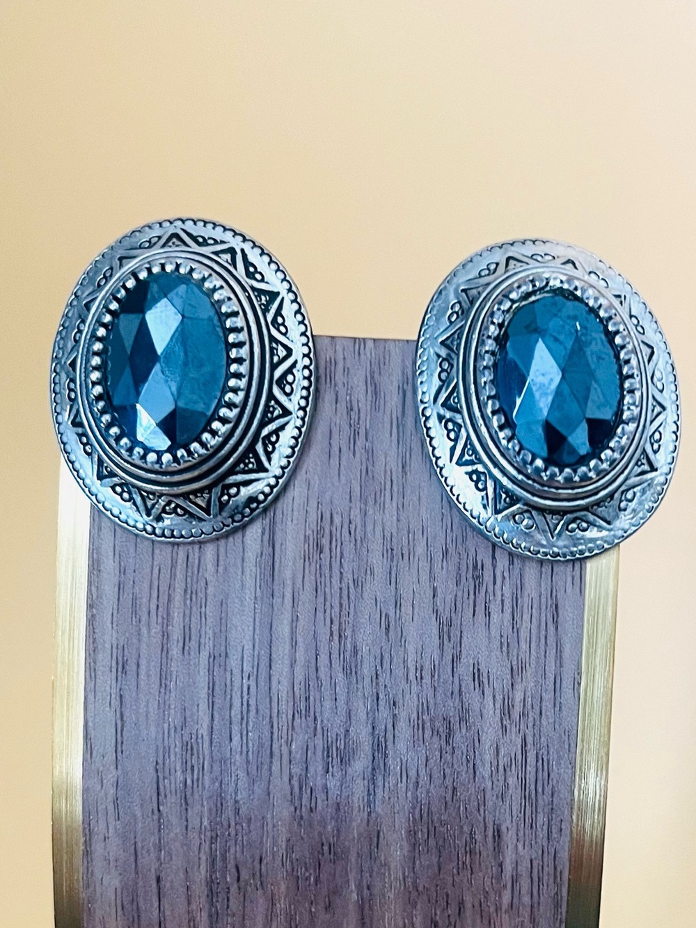 Large silver plated clip on earrings faceted black stone